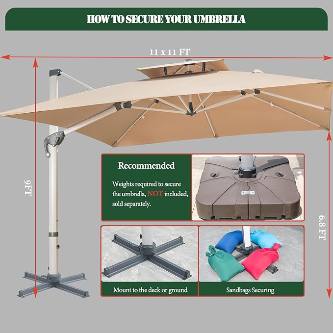 Cantilever Patio Umbrella with Cross Base and Cover Included - 360° Rotation Large Heavy Duty Offset Outdoor Umbrella with Easy Tilt for Pool Backyard Deck Garden (11x11 FT Khaki)