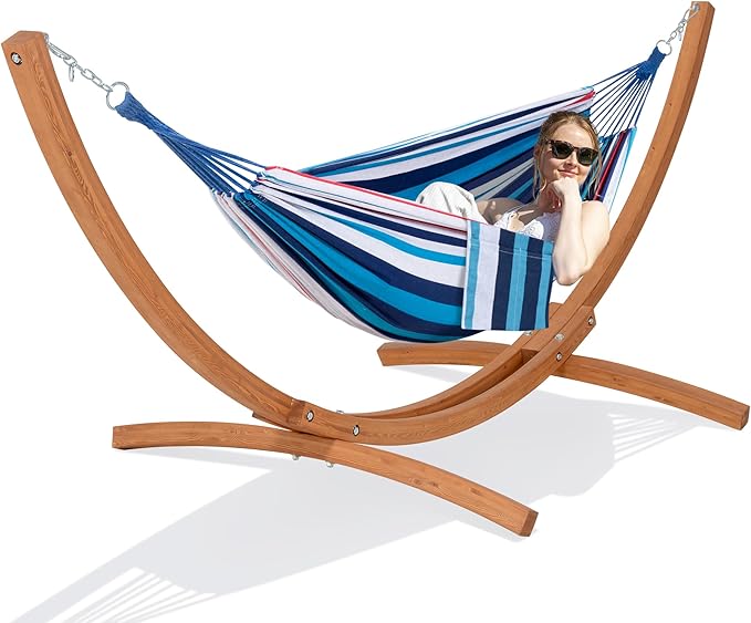 SUNCREAT Outdoor Hammock with Stand Included, Portable Hammock with 10 ft Wooden Stand, Blue Stripes