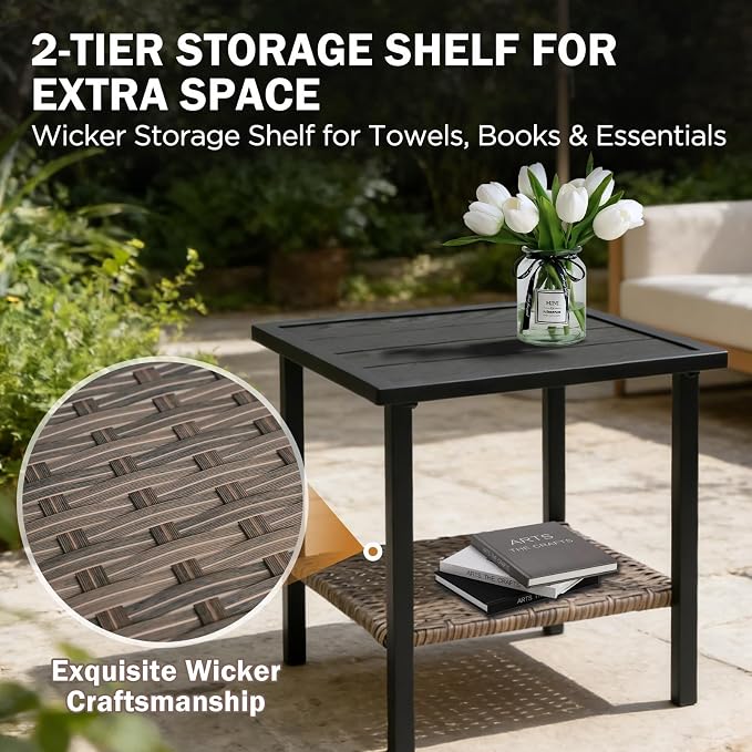EAGLE PEAK Mojave Dusk Patio Side Table with Wood Grain Top and Wicker Shelf, Durable Weather-Resistant Outdoor Table for Balcony, Porch, Deck, or Garden, Small