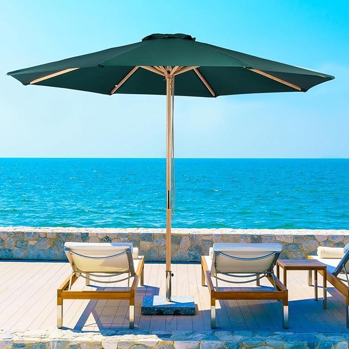 9ft Bamboo Umbrella, Outdoor Patio Umbrella, Waterproof Market Umbrella, 8 Ribs Table Umbrella with Pulley Lift for Garden, Deck, Pool, lawn, Backyard