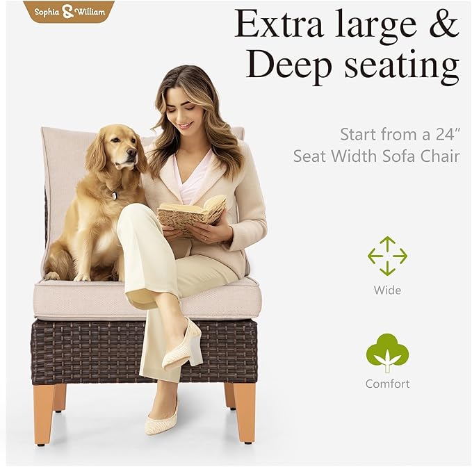 Sophia & William Wicker Patio Furniture Set, Outdoor Rattan Sectional Sofa 7 Piece Patio Conversation Set with 2 x Corner Sofa, 3 x Armless Sofa, 2 x Ottoman for Deck, Backyard, Pool,Beige