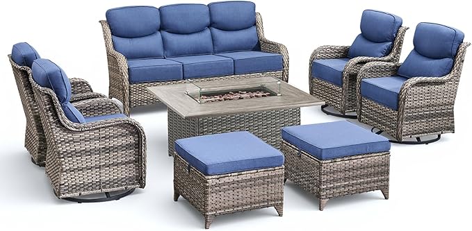 Luxury Patio Furniture Set with Fire Pit Table-8 Pieces All Weather Outdoor Swivel Rocker Chairs with Sofa and Ottomans. Outdoors Patio Conversation Sets for Porch Deck Garden Backyard(Grey/Blue)