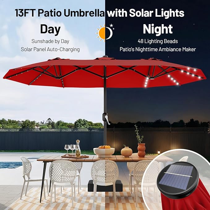 AreShark 13 FT Patio Umbrella with Solar Lights, Double-Sided Outdoor Table Umbrellas with Crank, Large Rectangular Market Umbrella for Porch, Lawn, Pool, Backyard, Red