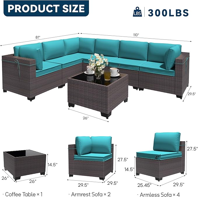 Patio Furniture Set 7 Pieces Outdoor Sectional Sofa Set,All Weather Wicker Patio Sofa PE Rattan Patio Conversation Set w/Cushions and Glass Coffee Table,Blue