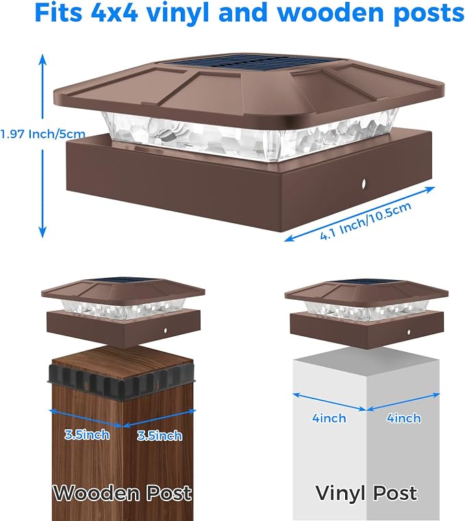 16 Packs 4x4 Post Solar Lights 3 Lighting Modes, Brown Solar Powered Cap Lights Fits 4×4/3.5×3.5 Wood/Vinyl Posts, Waterproof Post Top Light Outdoor for Fence Deck Mailbox Porch Railing