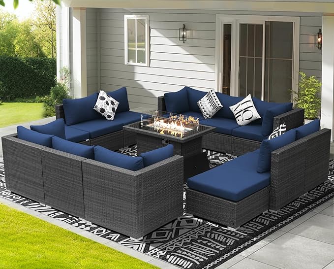 NICESOUL 13 Piece Patio Furniture w/Fireplace, Elegant Outdoor Seating w/Firepit, XL Size 29.3'' High Back Sectional Sofa, All-Weather Rattan Deck Couch, Modular Sturdy Conversation Set, Gray & Blue