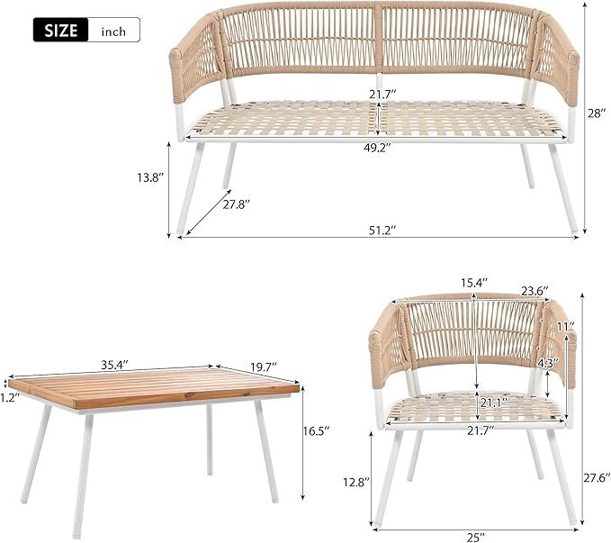 GOWE 4-Piece Boho Rope Patio Furniture Set, Outdoor Furniture with Acacia Wood Table, Patio Conversation Set with Deep Seating & Thick Cushion for Backyard Porch Balcony, Beige