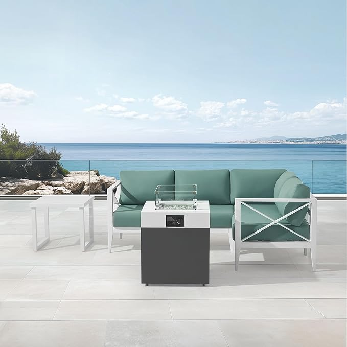 MBY Aluminum Patio Sectional Set with Fire Pit Table – 4-Seat Outdoor Conversation Sofa Set with Corner Seat & 37,000 BTU Gas Firepit, Glass Wind Guard, Weather-Resistant – White