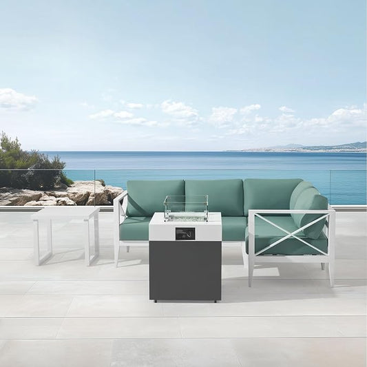 Aluminum Patio Sectional Set with Fire Pit Table – 4-Seat Outdoor Conversation Sofa Set with Corner Seat & 37,000 BTU Gas Firepit, Glass Wind Guard, Weather-Resistant – White