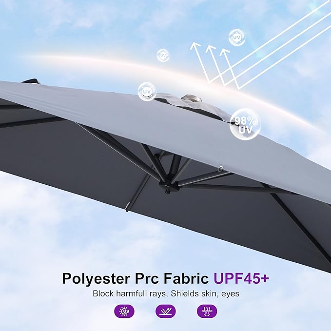 PURPLE LEAF 8' X 8' Patio Umbrella with Base for Pool 7' High Offset Outdoor Cantilever Umbrella Swimming Pool Umbrella with 360°Rotation for Poolside Light Grey