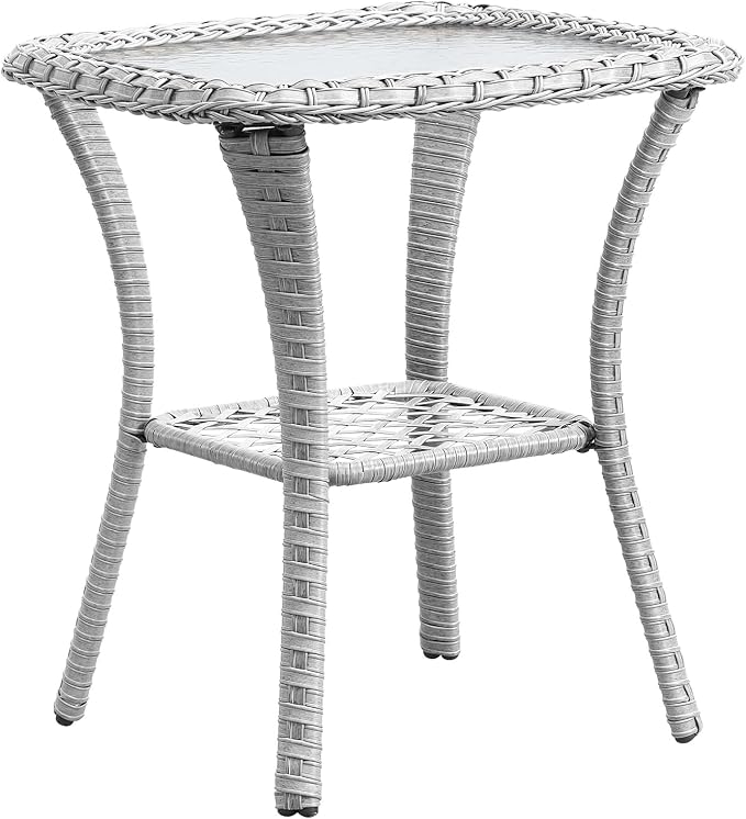 Small Outdoor Side Table - 50 LBS Weight Capacity Wicker Side Table with Storage, Tempered Glass Top Patio Side Table for Porch Balcony Deck Garden - Light Grey