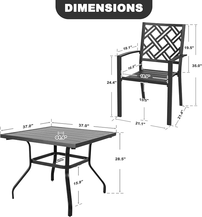 NUU GARDEN 5 Piece Patio Dining Set for 4 with Stackable Chairs | 37" square table with umbrella hole and 4 stackable metal chairs featuring slatted seats and backs for outdoor dining