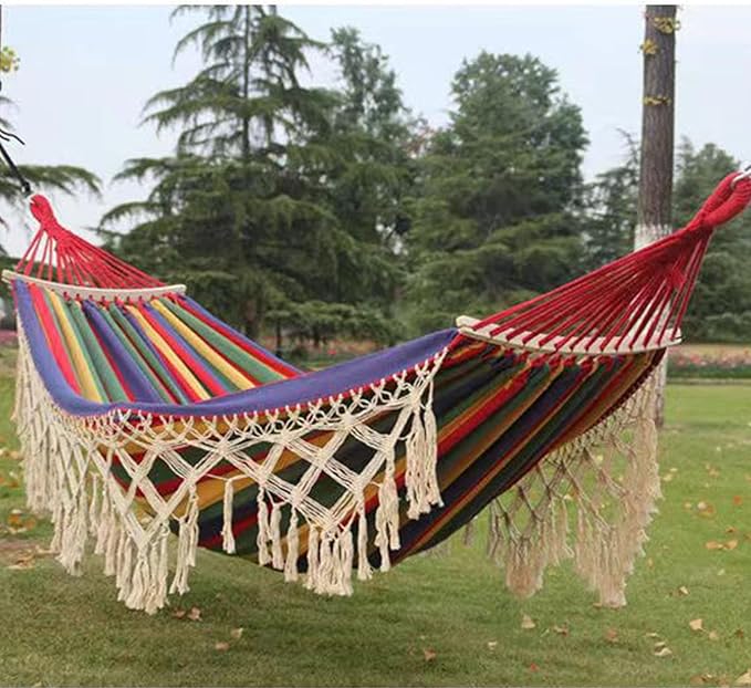 Backyard Hammock with Tassels, Outdoor Garden Hanging Hammock, 500lb Load Bearing, Single Double with Hanging Ropes - Lightweight Foldable Design, Comfortable Breathable Fabric, (Red)
