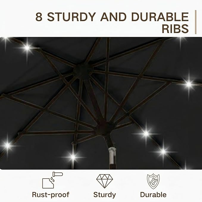 Kingdura 9FT Outdoor Patio Umbrella with Solar Lights, Market Table Umbrella with Push Button Tilt & Crank, 8 Sturdy Ribs, 32 LED Lights, UV Protection for Garden Lawn Deck Backyard Pool (Black)