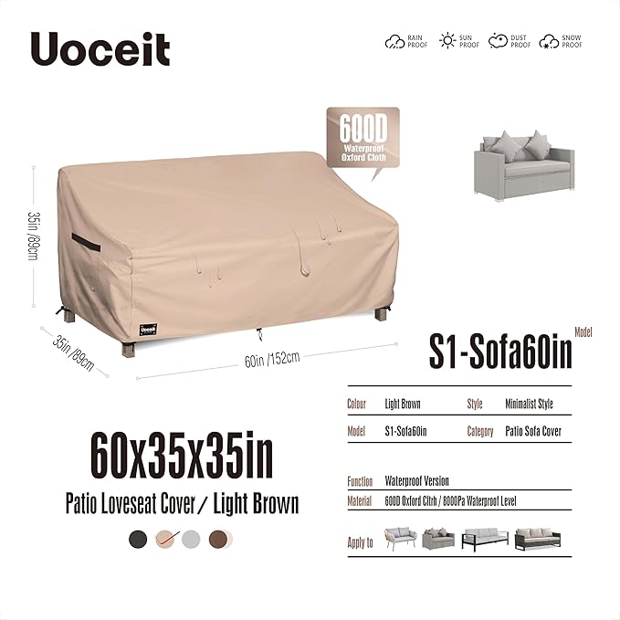 2-Seater Patio Loveseat Cover, 60Wx35Dx35H inches Outdoor Furniture Covers Waterproof，100% Waterproof Heavy Duty Patio Furniture Covers,Light Brown Minimalist Style Outdoor Couch Cover