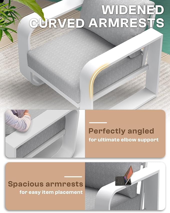 Aluminum Outdoor Patio Furniture Set, 4 Piece Oversized Patio Conversation Sets Widened Armrest & Ultra-Thick Cushions, Heavy Duty Modern Sectional Furniture for Backyard, Deck, White