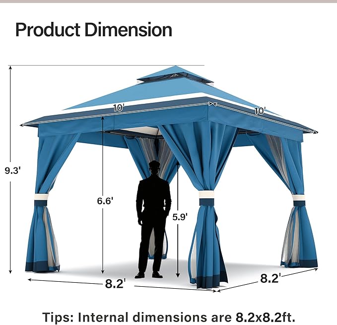 LAUSAINT HOME Patio Gazebo 10'x10', Outdoor Heavy Duty Party Tent Shelter with Double Roofs, Mosquito Nettings and Privacy Screens for Backyard, Garden, Lawn, Steel Blue