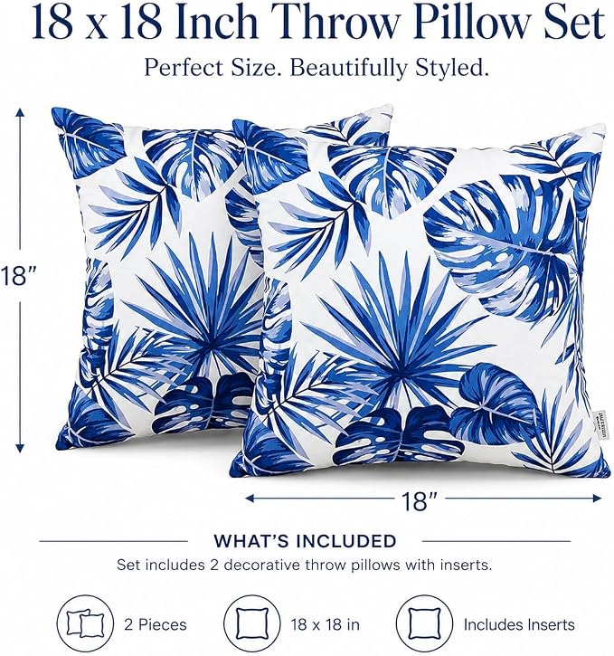 Outdoor Throw Pillows 18×18 Inch Waterproof Pillows with Inserts | Set of 2 Fade Resistant Patio Pillows for Porch Garden Couch and Patio Furniture