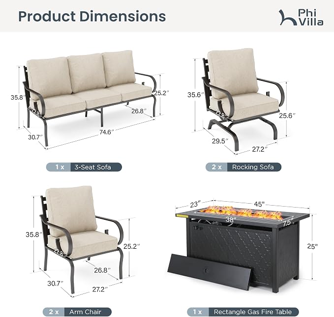 PHI VILLA Patio Furniture Set, 3-Seater Sofa, 2 Fixed Chairs, 2 Rocking Chairs and a 45" Fire Pit Table, Outdoor Metal Conversation Set with 5.75" Extra Thick Cushion for Garden Backyard Deck, Beige