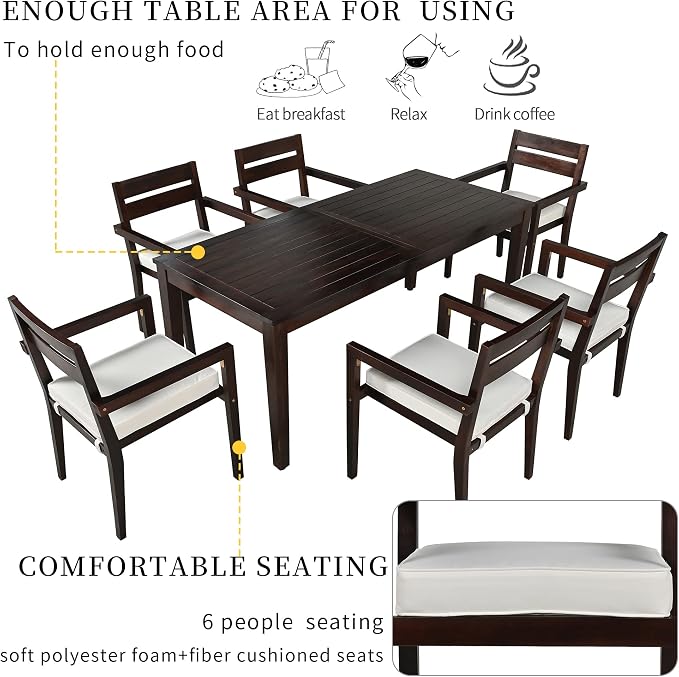 RUNNA 7-Piece Outdoor Dining Table Set with Acacia Tabletop and 6 Chairs Indoor and Outdoor Furniture Sets,for Patio, Balcony Or Backyard. (Dark Brown@015)