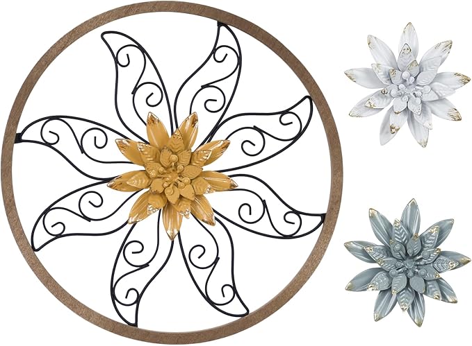 hogardeck Metal Flower Wall Decor - 11" Metal Wood Floral with 3 pcs Interchangeable Flowers Wall Decoration for Bedroom, Living Room, Bathroom, Kitchen, Outdoor Wall Art