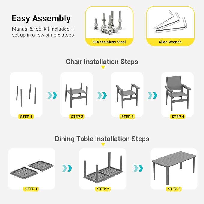 5-Piece HDPE Outdoor Dining Set for 4, Outdoor Table and Chairs | Weather Resistant Patio Table and Textilene Chairs set, Square Table with Umbrella Hole for Garden, Backyard and Lawn, Grey