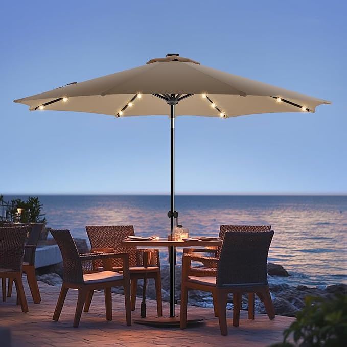 wikiwiki 9FT Solar Led Patio Umbrella, Sturdy Outdoor Market Umbrella for Deck, Pool, Garden w/Tilt, Crank, 32 LED Lights, Tan