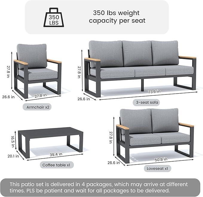 Sundale Outdoor Aluminum Patio Furniture Set, 5 Piece Outdoor Conversation Sets with Coffee Table and 6" Thick Olefin Cushions, All Weather Outdoor Sectional Set for Deck, Lawn, Yard (Grey)