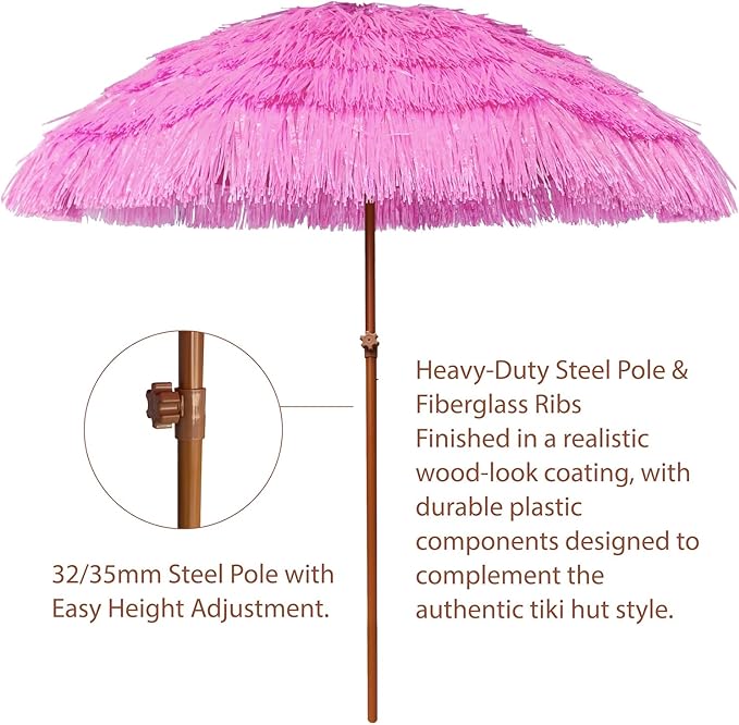 AMMSUN 7.5ft Hula Thatched Tiki Patio Beach Umbrella Hawaiian Style 10 Ribs UPF 50+ with Tilt Carry Bag for Outdoor Tiki Bar, Tropical Palapa, Patio Garden Beach Pool Backyard Pink