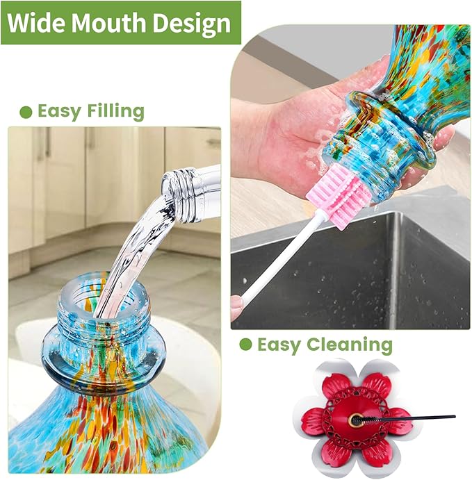 Hummingbird Feeder, BOLITE Glass Hummingbird Feeders for Outdoors Hanging, Hand Blown Twisted with Ant Moat, 5 Bee-Proof Ports, 360° Perch, Leak-Proof, 24oz, Blue, Gifts for Mom Dad Women Men