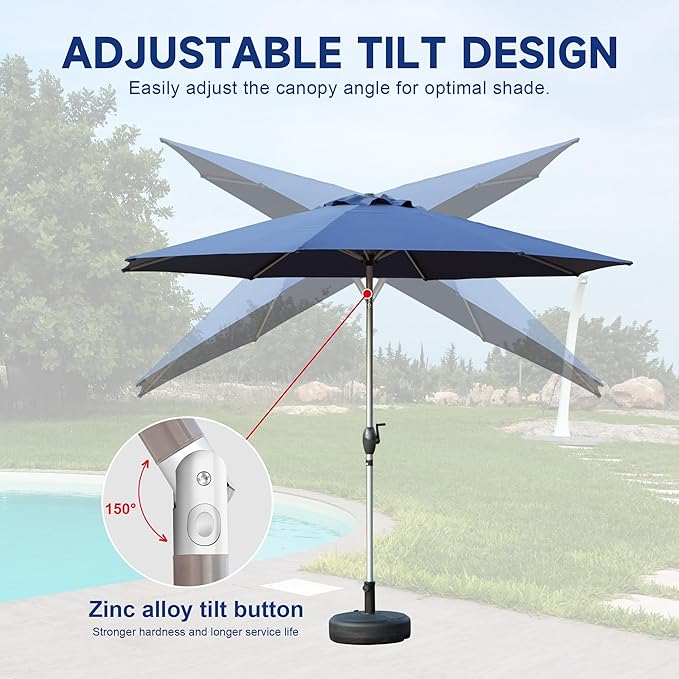 Domi 10FT Patio Umbrella Outdoor Market Umbrella with Silver Aluminum Pole, UV Resistant Canopy, Wind Vent, Tilt & Crank System, Perfect for Patio, Garden, Deck, Pool, Outdoor Dining, Navy Blue