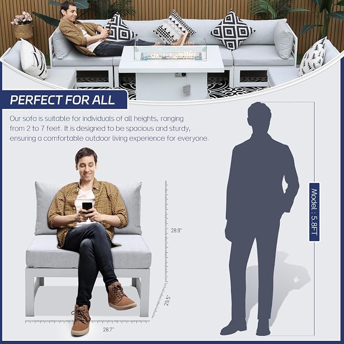 BULEXYARD 11 Piece Oversized Contemporary Aluminum Patio Furniture Set, All Weather Modular Sectional Sofa with Tanning Chair & Fireplace, 500 lbs Heavy Duty Comfy Outdoor Couch for Poolside, White