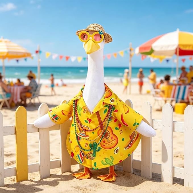 Hawaiian Porch Goose Outfits,Mexican Style Goose Summer Outfit,Yellow Shirt with Straw Hat Glasses Necklaces Fits 23" Geese Statue, Summer Garden Lawn Patio Yard Outdoor Decor