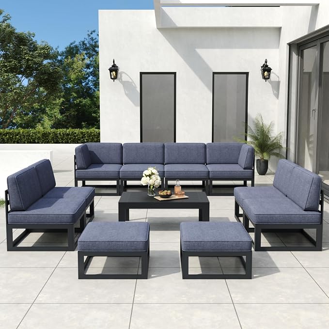 11 Pieces Aluminum Patio Furniture Set with Coffee Table, Metal Outdoor Conversation Sofa Set with Seating Cushions