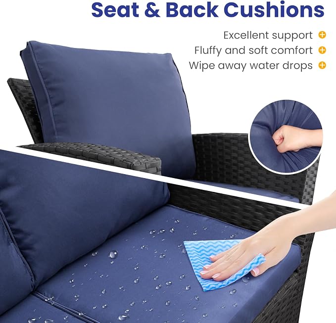 FHFO 4 Piece Outdoor Wicker Patio Furniture Set, Black/Blue | Sectional Sofa | All-Weather Hand-Woven Rattan | Tempered Glass Coffee Table | Durable Fabric | Indoor & Outdoor Use