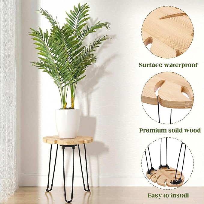 Gerrii Monstera Leaf Side Tables 15.8" h Wood & Metal Patio Table for Indoor Outdoor Use Plant Stand Small End Table Folding Stool for Living Room Bedroom Apartment Balcony Yard Picnic, Camping