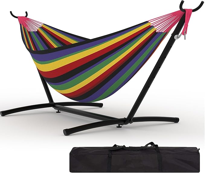 Heavy-Duty 450lbs Portable Hammock with Adjustable Steel Stand, Premium Poly-Cotton Fabric Camping Hammock with Carry Bag, Ideal for Patio, Garden and Backyard Outdoor Relaxation