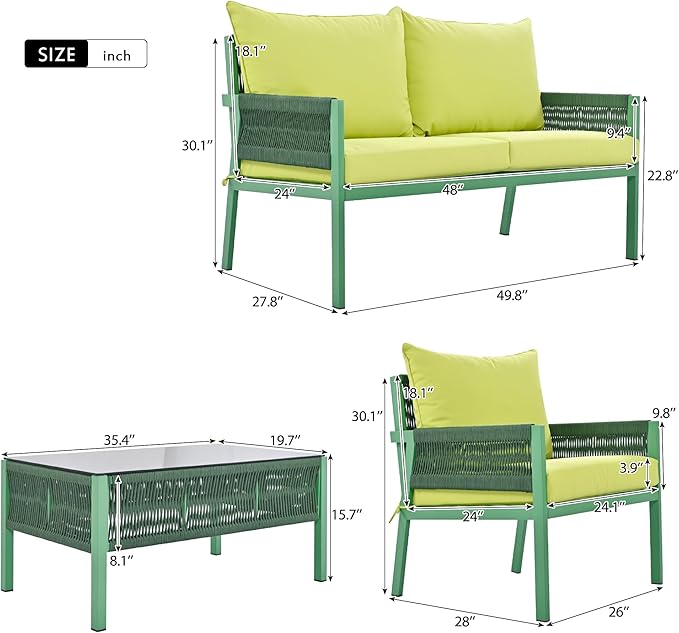 K&K 4-Piece Rope Patio Furniture Set, Outdoor Furniture with Tempered Glass Table, Patio Conversation Set Deep Seating with Thick Cushion for Backyard Porch Balcony (Fluorescent Yellow & Green)