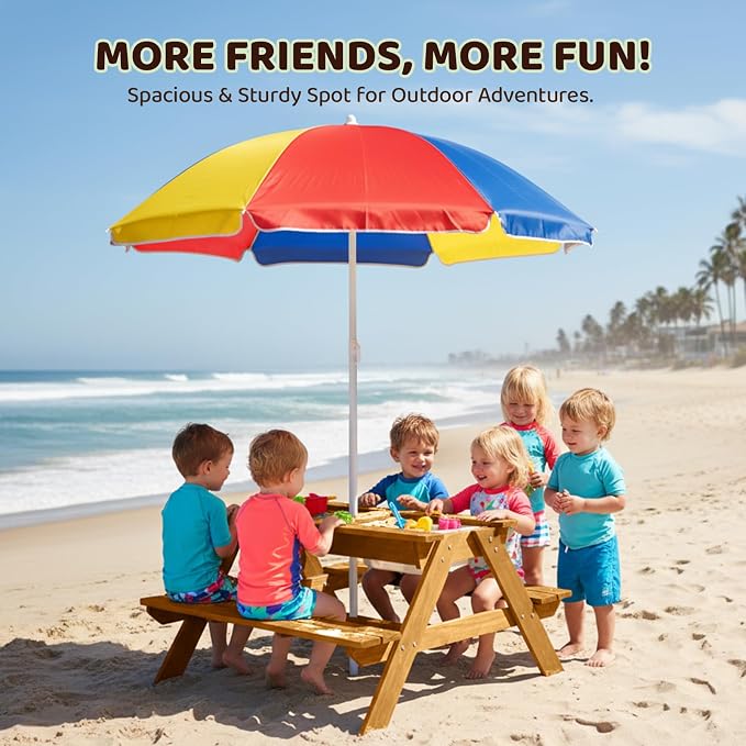 JOYMOR 4-in-1 Kids Picnic Table w/2 Sensory Bins, Cedar Wooden Sand & Water Table with Height Adjustable Umbrella, Wooden Kids Outdoor Picnic Tables for Garden, Backyard, Patio Furniture(Natural)