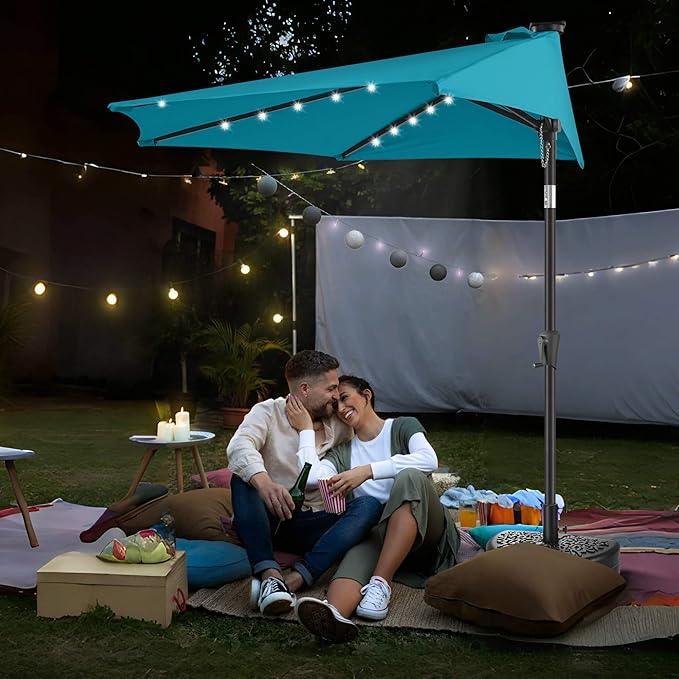 9FT Solar Half Umbrellas Outdoor - LED Half Patio Umbrella with 25 Lights, UV Protection Waterprool, Half Round Umbrella for Wall Balcony, Pool, Porch, Garden, Deck, Backyard, Aqua Blue