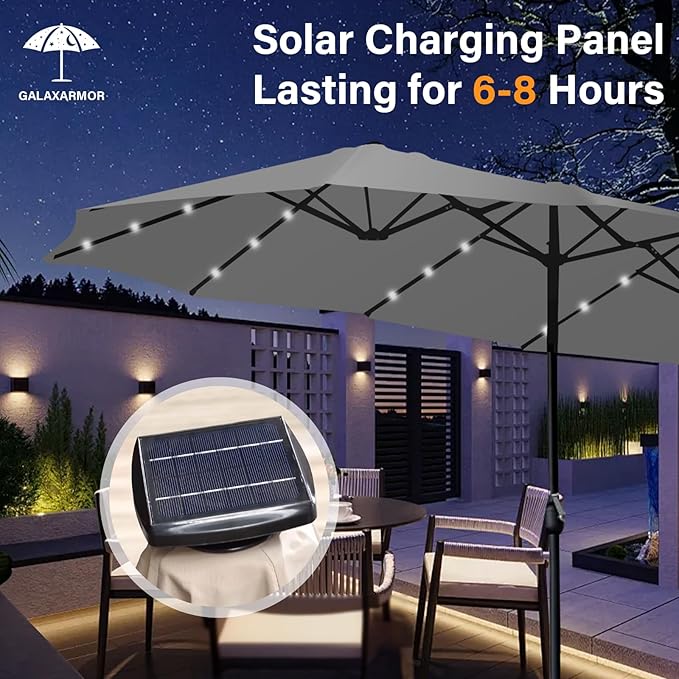 15ft Double Sided Patio Umbrella with Solar Lights, Outdoor Large Umbrellas with Crank Handle and 36 LED Lights, Rectangular Market Umbrella with Base Included for Deck Pool Shade (With Base)