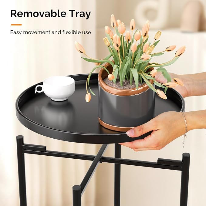 VINGLI Round Metal Side Table with Removable Tray, Outdoor Patio Coffee Table, Waterproof End Table for Small Spaces, Outdoor Patio, Living Room, Bedroom, Balcony (X-Brace & Non-Slip Pads) (2, Black)
