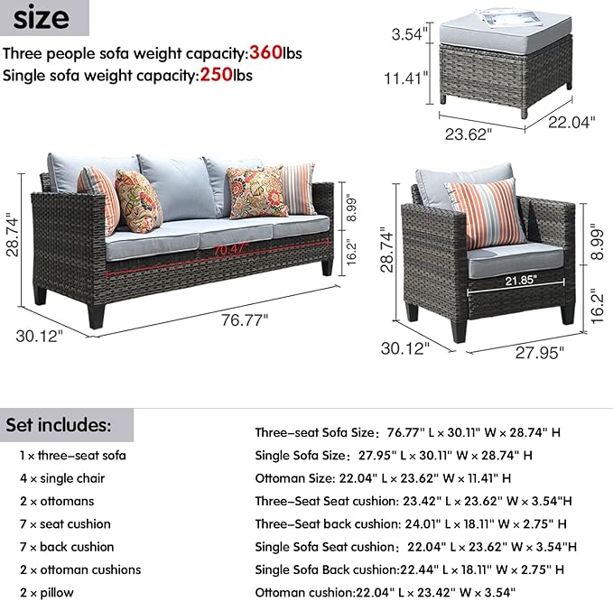 HOOOWOOO 7-Piece Patio Furniture Set–Stylish,Comfortable Outdoor Rattan Sofa Set with 4 Chairs,2 Ottoamns,Weather-Resistant Patio Conversation Set for Deck,Garden,Balcony (Grey)