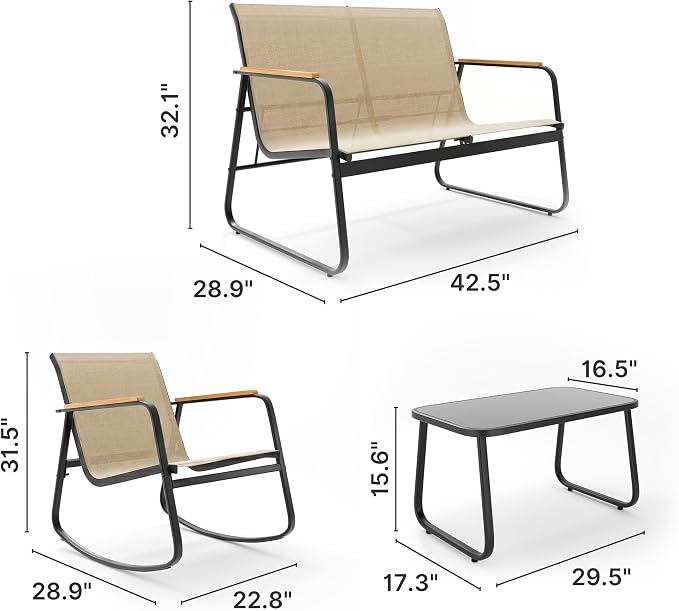 Ahomly 8-Piece Outdoor Patio Furniture Set, Textilene Conversation Set with Rocking Chairs, Loveseat, and Tempered Glass Coffee Table, for Lawn, Garden, Balcony, Poolside (Brown)