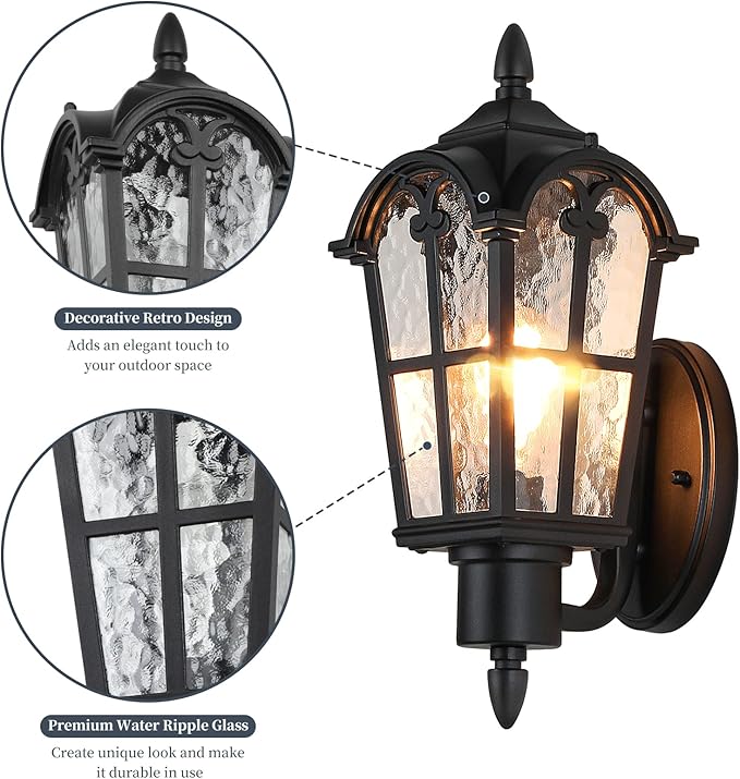 16’’ Large Outdoor Wall Light Fixtures, Exterior Wall Lantern Sconces | Waterproof, Rust-resistant, Matte Black, Water Ripple Glass, Quick & Easy Installation, Retro & Traditional