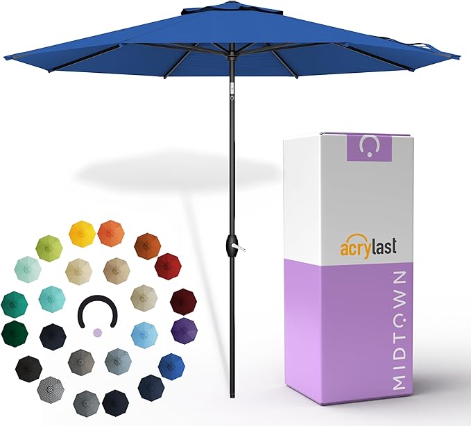 Midtown Umbrellas – The Lean 8 Ft Patio Umbrella with 10-Year-No-Fade Acrylast Acrylic Fabric, Auto-Tilt and 8 Reinforced Ribs for Deck, Pool, Garden, Hotel & Cafes – Deep Atlantic Canopy, Black Pole