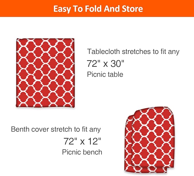 KENOBEE 6ft Picnic Table and Bench Cover, Camping Essentials RV Gear, 72 in Waterproof Windproof Outdoor Elastic All Around Tablecloth, Fitted Rectangle Tables and Seats, Red-White Moroccan
