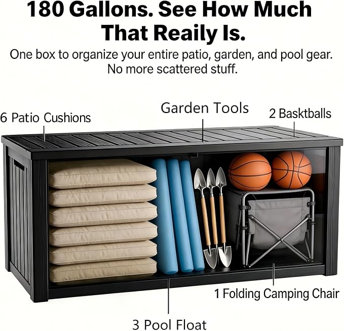 180 Gallon Outdoor Storage Box Waterproof, Large Resin Deck Box with Lockable Lid & Soft-Close Hydraulic Struts, Outside Storage Box for Patio Furniture, Garden Tools, Pool Accessories, Black