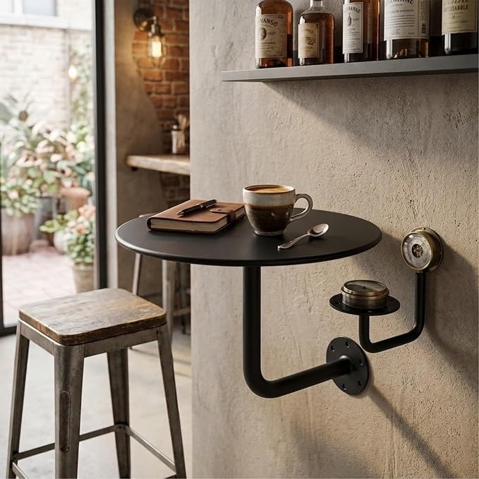 Wall Mounted Round Bar Table, Heavy Duty Iron Floating Desk, Space Saving Dining Table for Small Spaces, Waterproof Indoor/Outdoor Coffee Table, 19.7in Diameter