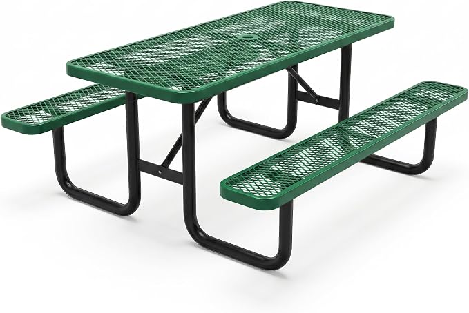 6ft Rectangular Picnic Table – Heavy-Duty Metal Mesh Outdoor Dining Table, Thermoplastic Coated Steel, Outdoor Living, Parks & Schools (Green, 6ft)